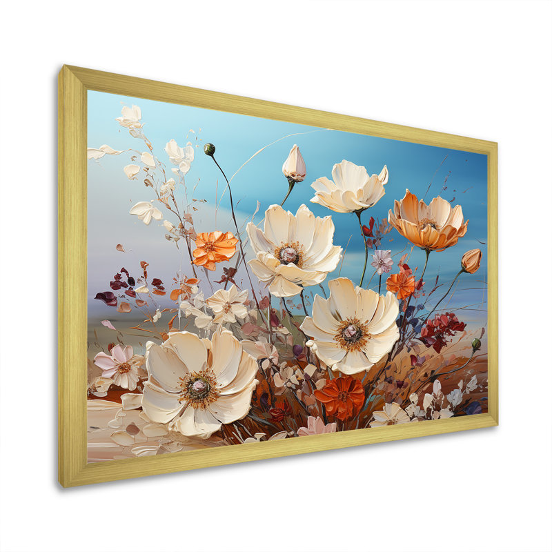 «White Wildflowers Farmhouse Charm» sur impression sur toile, Cadre doré simple, H 24 po x l 32 po x P 1 po