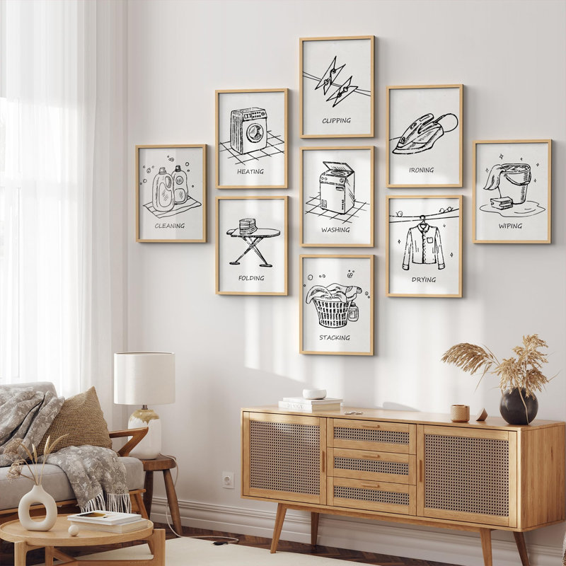 Art mural encadré, ensemble de galerie, collage, nettoyage, nettoyage, tableau de personnes, typographie, art moderne industriel noir et blanc pour chambre à coucher, salon, bureau - 11 po x 14 po x 9 po Naturel