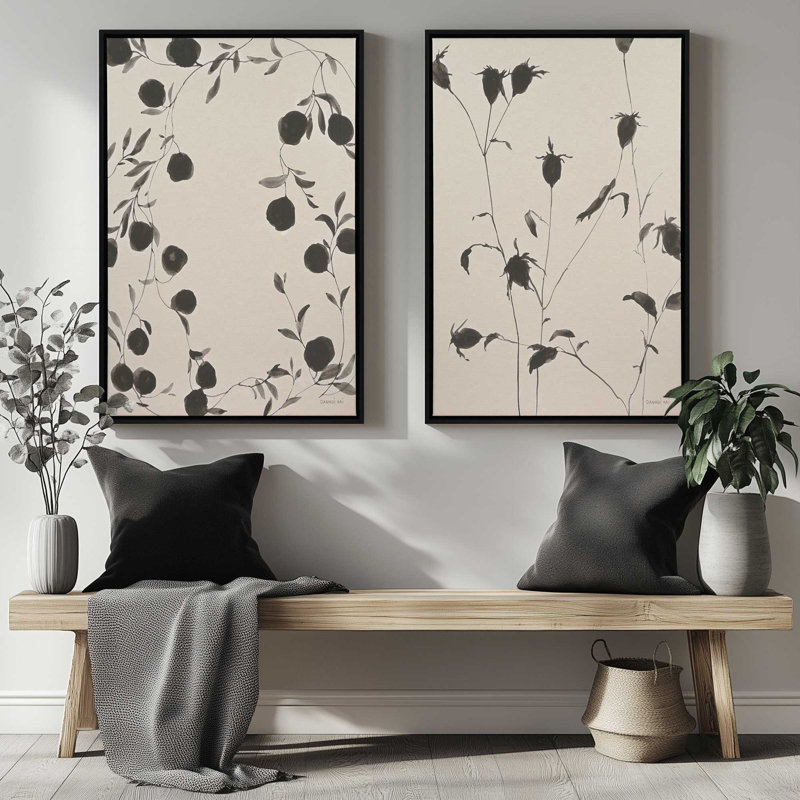 «Black Ink Botanicals», ensemble de 2, Cadre flottant noir satiné, H 19 po x l 26 po