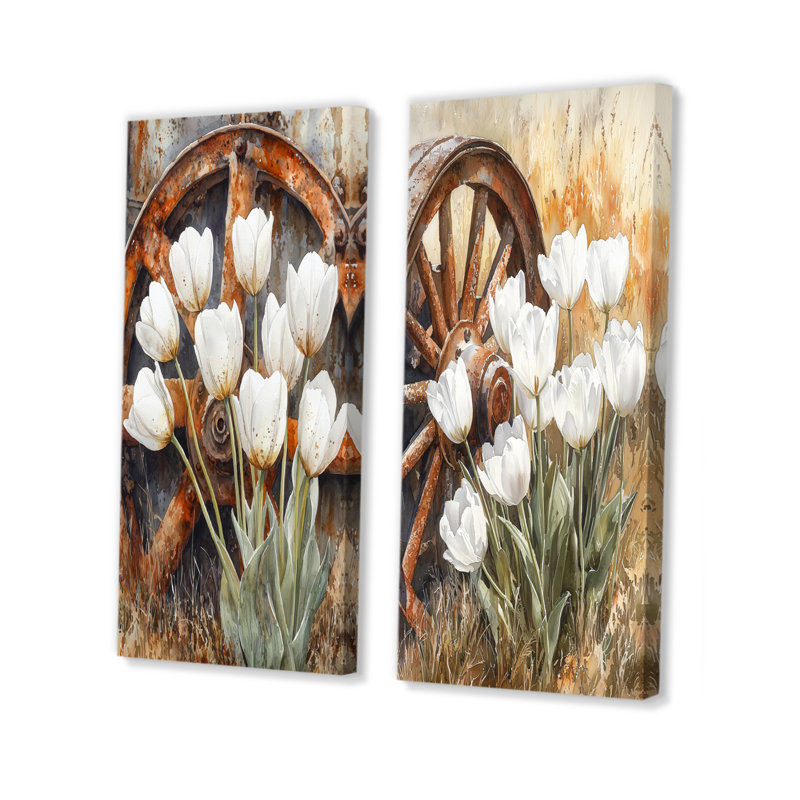 Tulipes par roue de chariot I - Art mural floral 2 pièces, Toile tendue, H 28 po x l 25 po