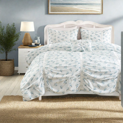 Ensemble de literie ruché bleu, ensemble d'édredon floral simple / simple en microfibre XL