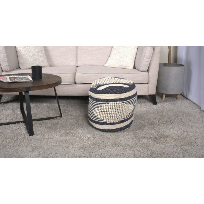 Pouf en tissu fait à la main - blanc et bleu foncé, fabrication en laine de coton, 16 po x 16 po x 16 po, capacité de 250 lb, nettoyage des taches, perles à l'intérieur cylindriques et en coton, rembourré