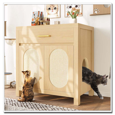 Hidden Cat Litter Box Furniture with Scratching Board Doors and Storage Drawer