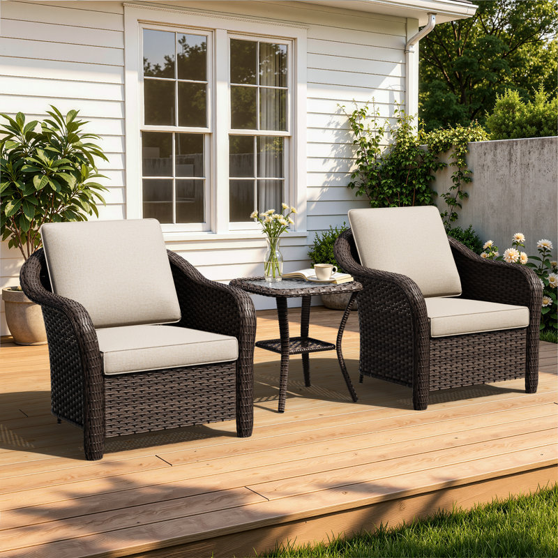 Ensemble de conversation de patio en osier 3 pièces 3 pièces avec coussins en oléfine beige et 2 fauteuils d'extérieur fixes