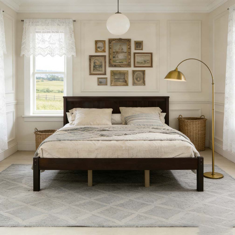 Base de lit plateforme avec tête de lit, support à lattes de bois, aucun sommier nécessaire, Espresso