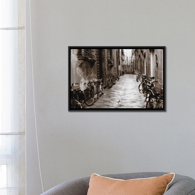 " Lucca Bikes " by Janel Pahl, 18" H x 26" W x 1.5" D, Black Framed Canvas, No Mat