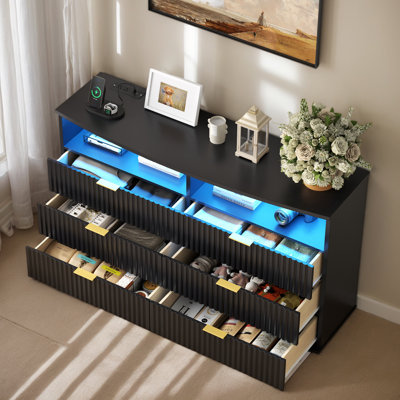 Fluted Dresser With 6 Drawers, Modern Black Dresser With Led Lights, Charging Station, Curved Tabletop, For Bedroom,living Room, Hallway
