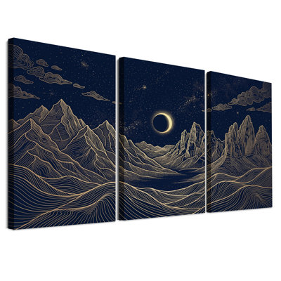 Ensemble de 3 toiles murales représentant une chaîne de montagnes et un croissant de lune, avec des lignes dorées