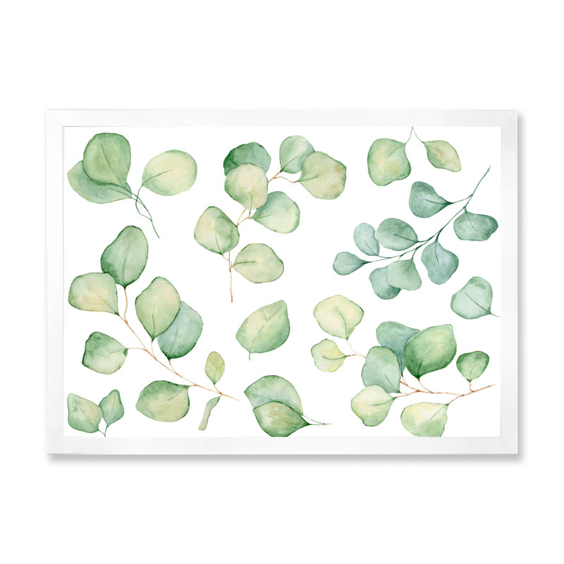 Illustration de feuilles d'eucalyptus isolées sur fond blanc I - Peinture sur toile, H 30 po x l 40 po, Cadre photo blanc