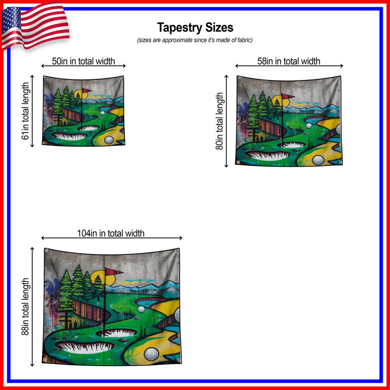 Golf Course Graffiti Wall Tapestry - Golf Wall Decor, 68in H x80in W with 4 Grommets