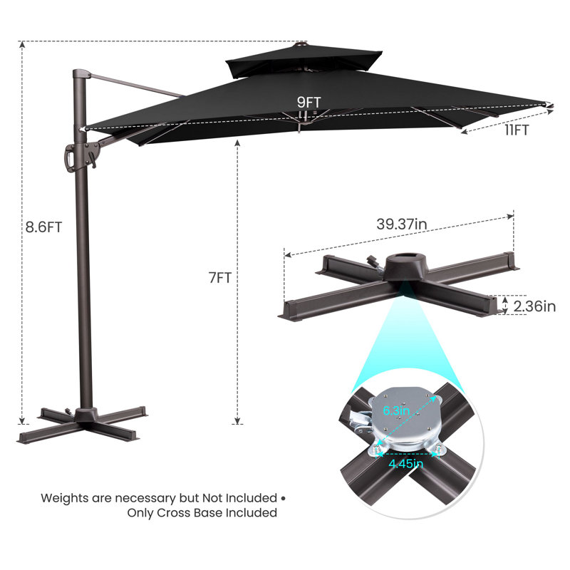Parasol carré Haru, Noir, H 14,57 po x l 108 po x P 132 po