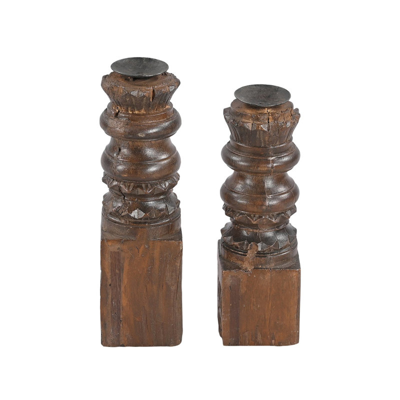 Vintage Hand Carved Reclaimed Wood Candlesticks, Set of 2