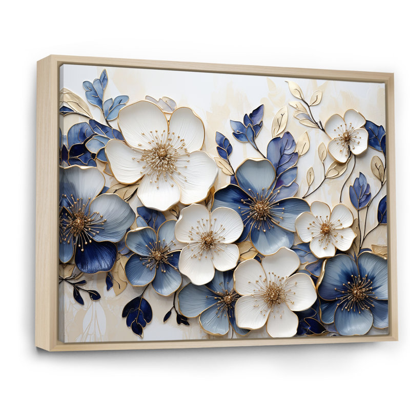 Minimalisme bleu et or - Violettes, art mural de salon, H 34 po x l 44 po x P 1,5 po, Cadre naturel flottant