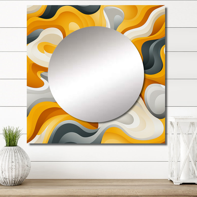 Jaune et blanc Mid-Century Waves Fusion - grand miroir carré moderne pour décoration murale, 29 po x 29 po