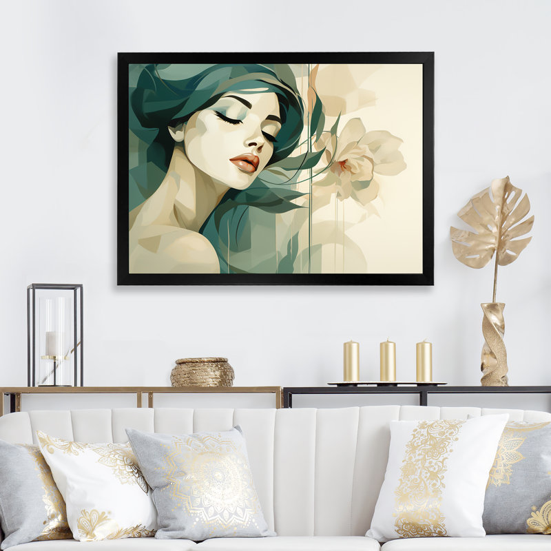 Silhouette de femme verte et beige I - art mural mode, Cadre d'angle fermé noir, H 34 po x l 44 po x P 1,5 po