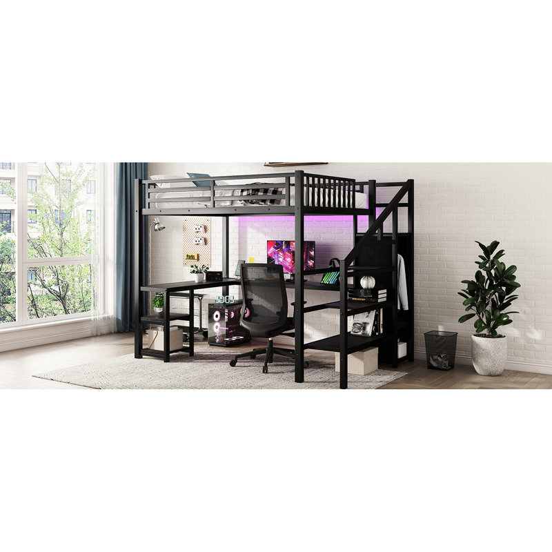 Lit mezzanine double avec structure en métal et caractéristiques pratiques - garde-robe noire, bureau et port à DEL pour une niche de chambre attrayante