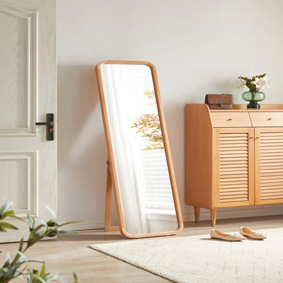 Miroir pleine grandeur en bois de hêtre massif, miroir autoportant avec support, miroir corps en bois naturel pour le salon de la chambre à coucher, miroir mural 2 en 1