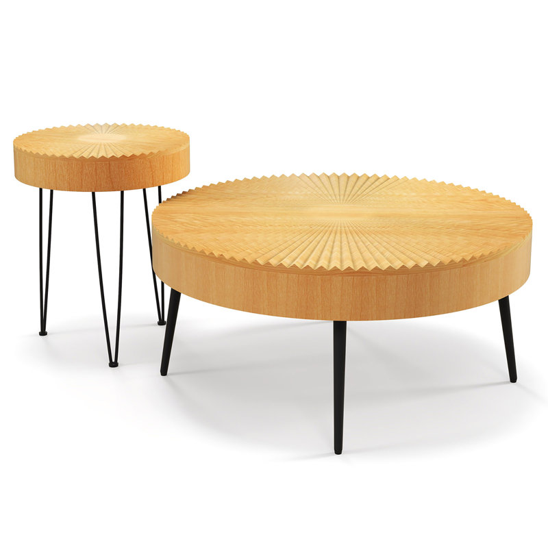 Round Pine Wood Coffee Tables with Black Metal Legs, Set of 2