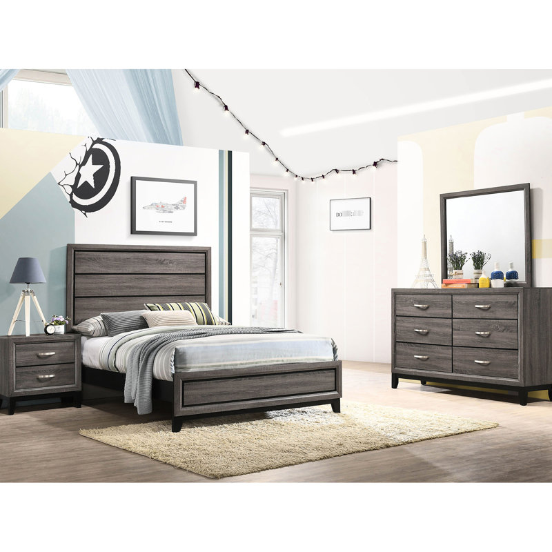 Chambre à coucher complète transitionnelle 4 pièces avec chêne gris et noir, lit, table de chevet, commode, miroir, fonctionnalité de style visuel, chêne, placage de papier tridimensionnel