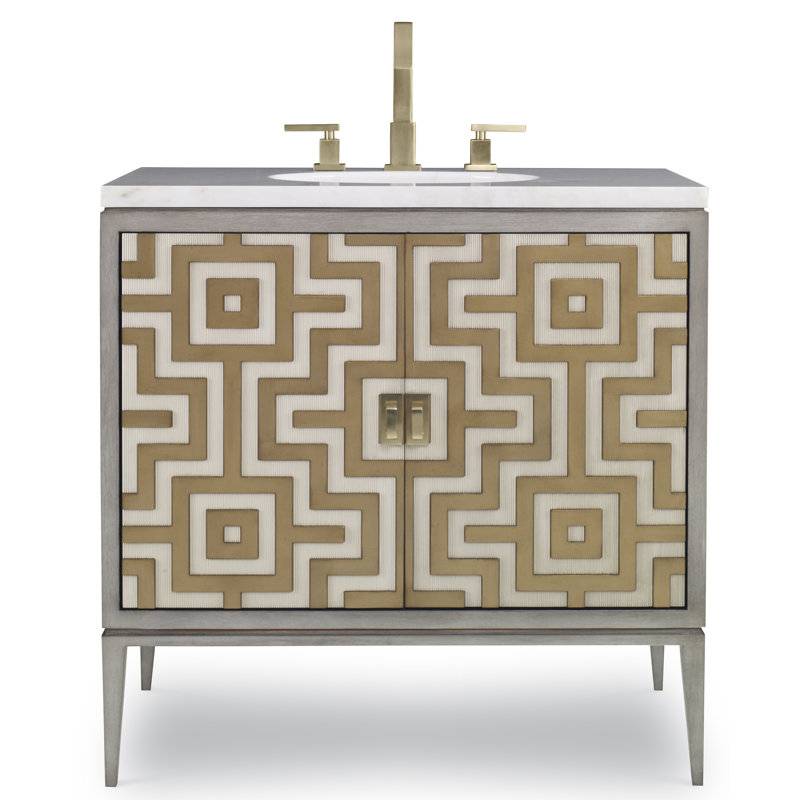 Labyrinth 36'' Gold and Gray Mahogany Bathroom Vanity with Marble Top