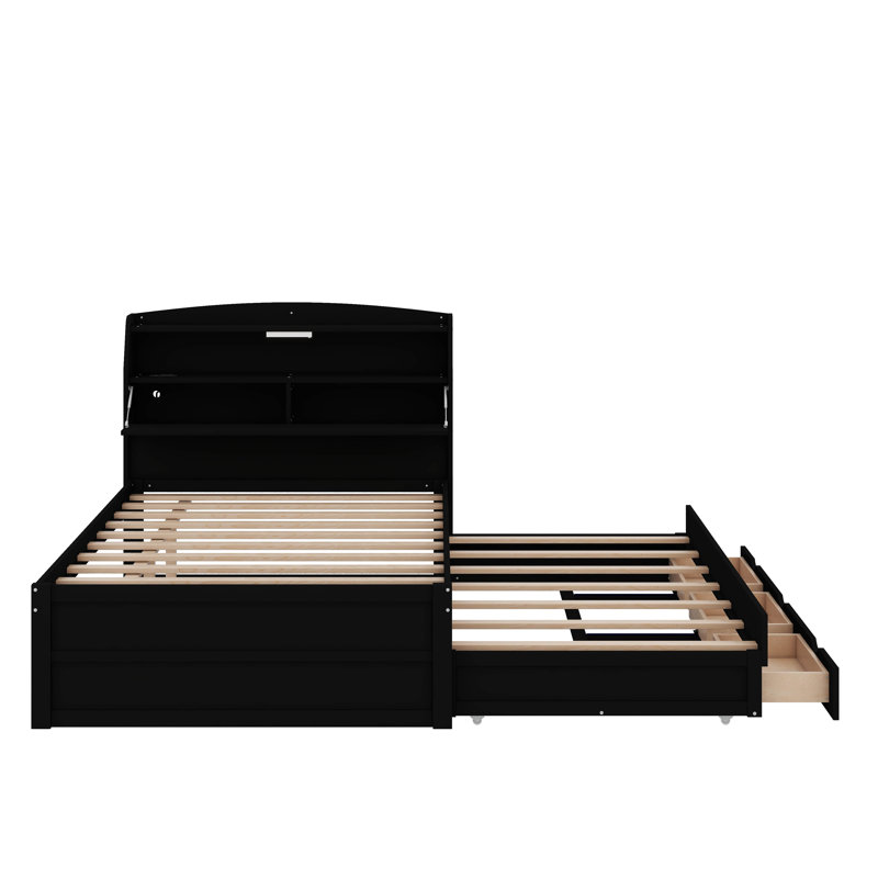 Lit plateforme en bois avec lit gigogne, tête de lit et tiroirs à DEL, Lit double, Espresso