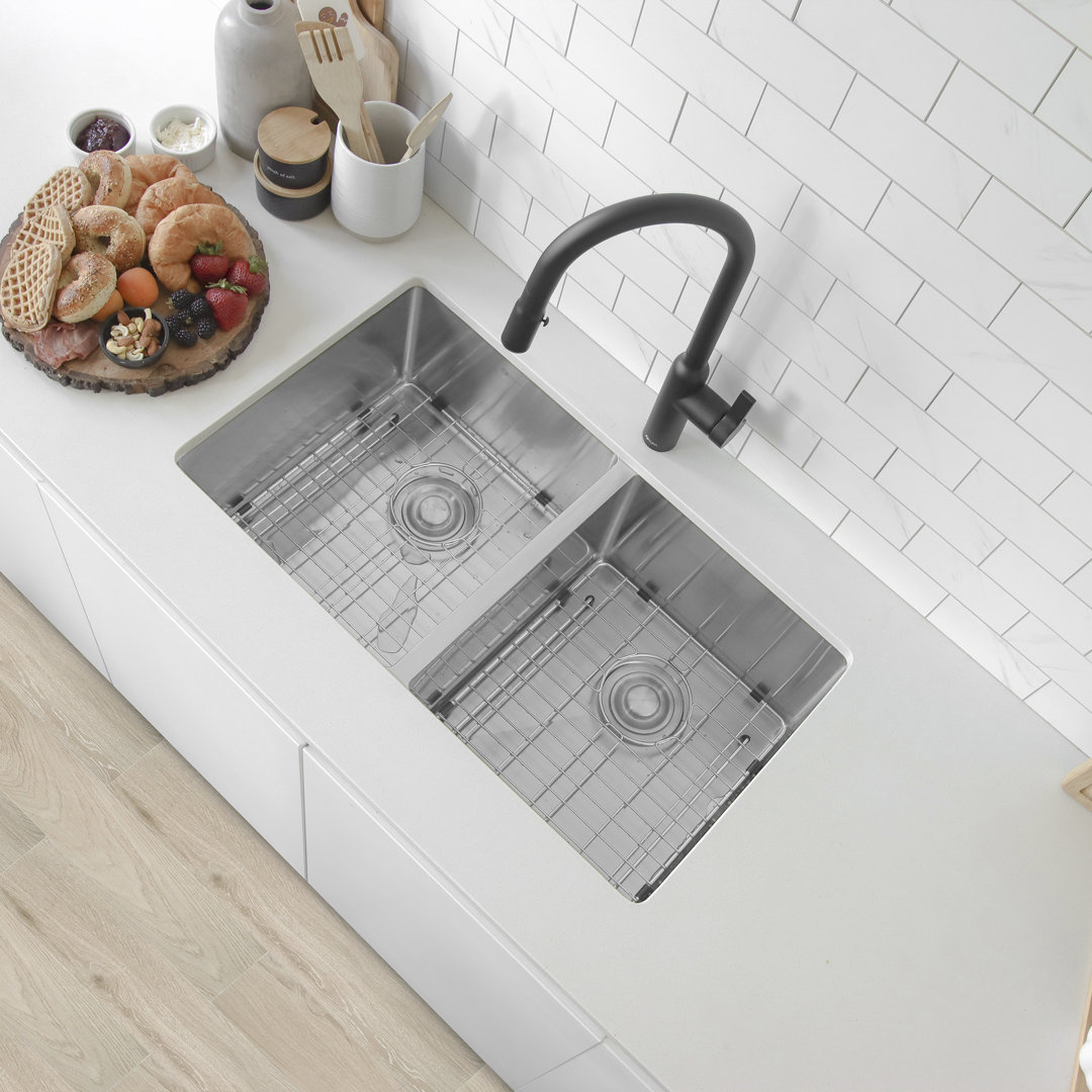 Styluxe Stylish Onyx Dual Mount 30" Double-Bowl Stainless Steel Kitchen Sink with Grids and Strainers STYLISH
