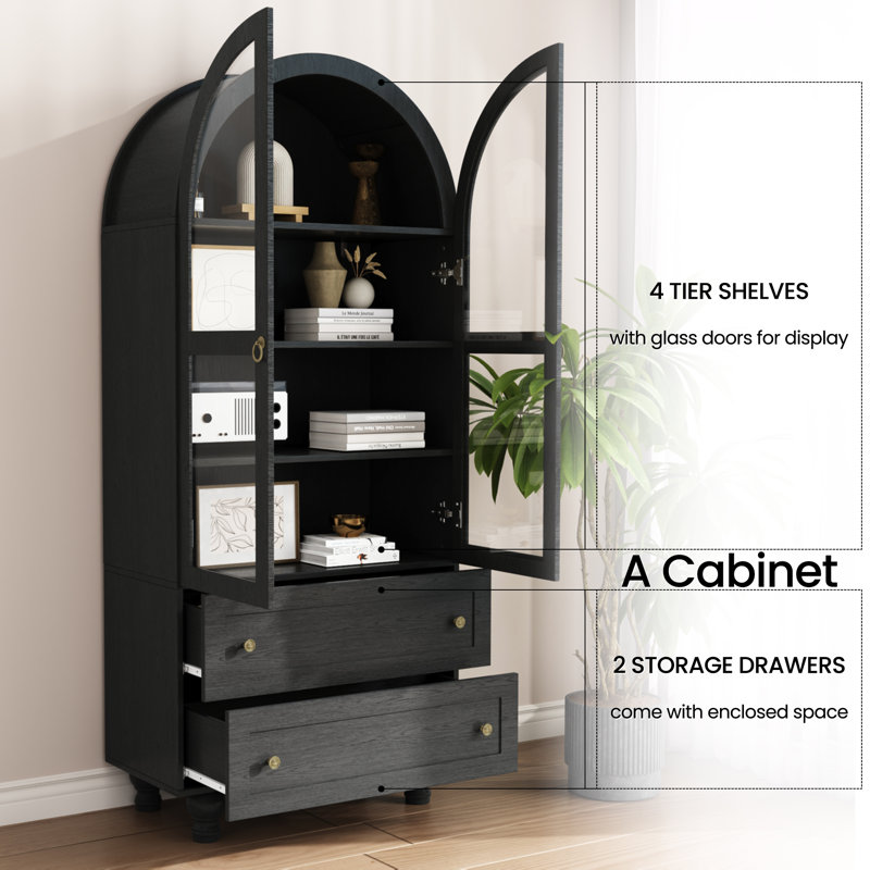 Garde-manger de 71 po de hauteur avec bibliothèques, armoire de rangement avec portes en verre, tiroir et comptoirs spacieux