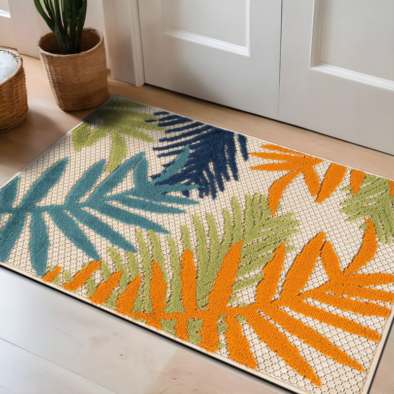Tapis intérieur / extérieur Parksley Palm Frond - ivoire / orange / bleu marine, Rectangle 2 pi 7 po x 4 pi