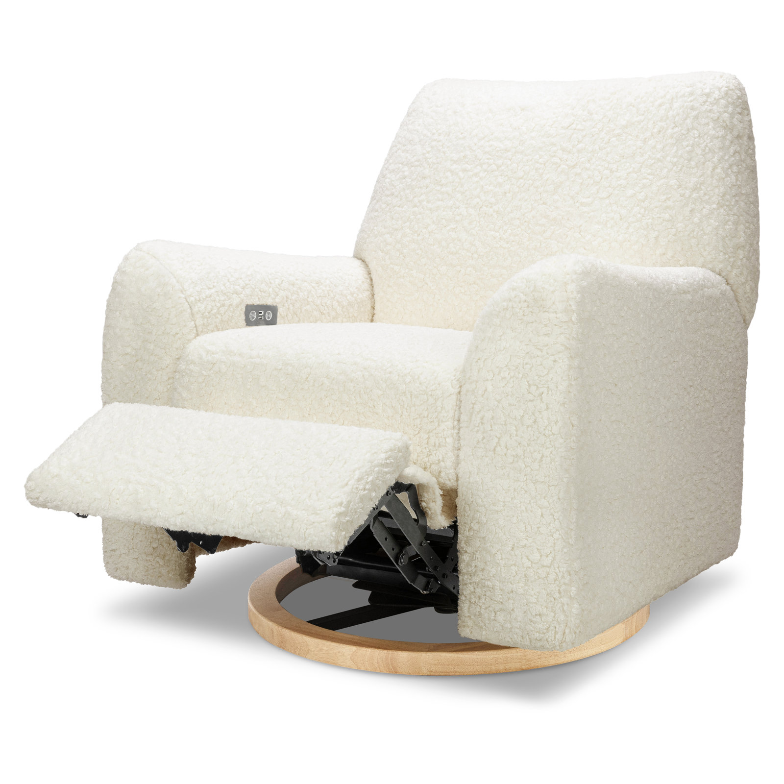 Sunday Power Recliner and Swivel Glider, Natural Wood, Cream Shearling