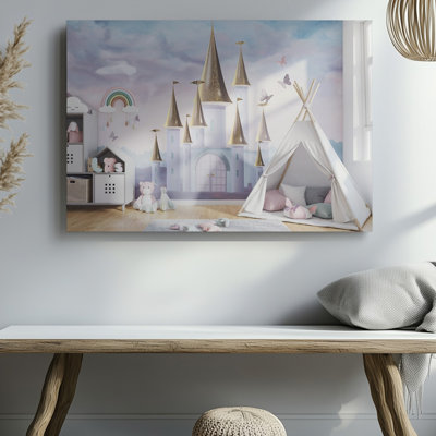 Canvas A Whimsical Children S Room Featuring A Dreamy Mural Of Wall Art A Fairytale Castle With Pointed Towers And Golden Accents Set Canvas Wall Art