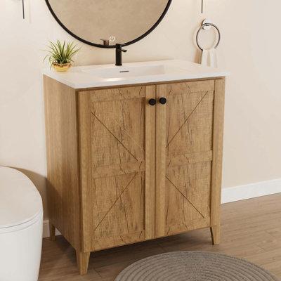 Armoire de salle de bain autoportante de 30 pouces de style américain avec lavabo en céramique - Installation brevetée en 1 minute, peu encombrante et facile à assembler