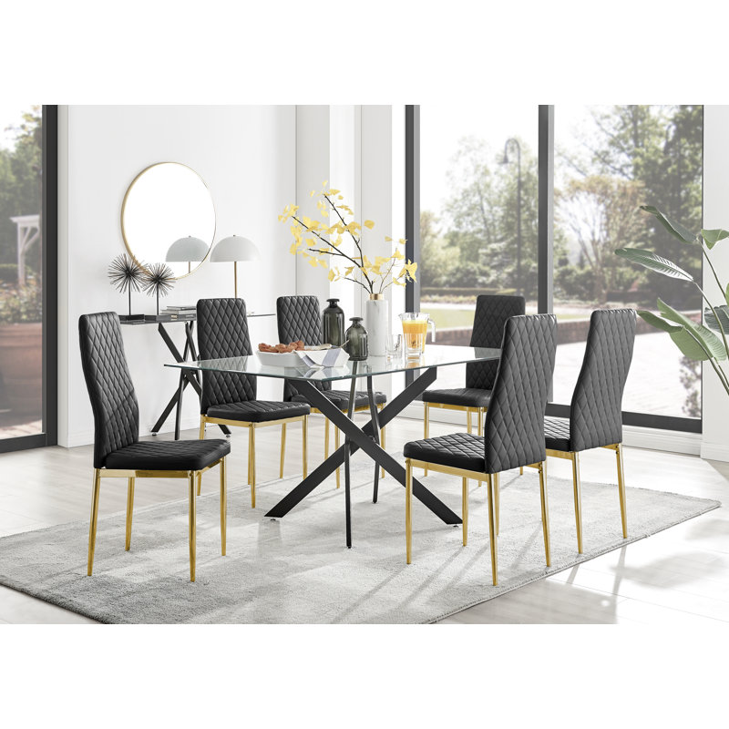 Ensemble de table de salle à manger en métal noir et verre avec 6 chaises rembourrées Lenworth, Blanc / noir