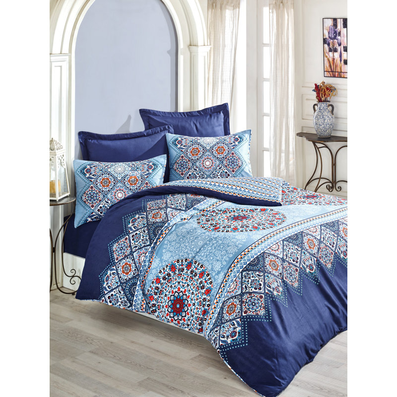 Ozge Blue/Red 210 TC Duvet Cover Set, Super King - 2 Pillowcases (50 x 80 cm)