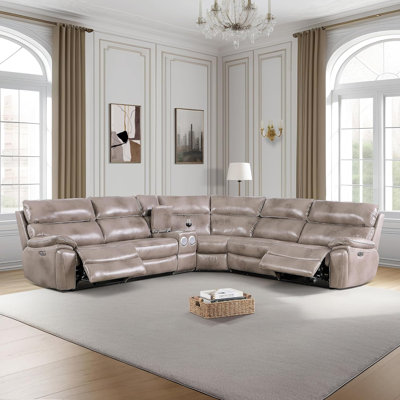 6-Piece Multifunctional Genuine Cowhide Leather Power Reclining Living Room Sectional Sofa Set With Bluetooth Speaker