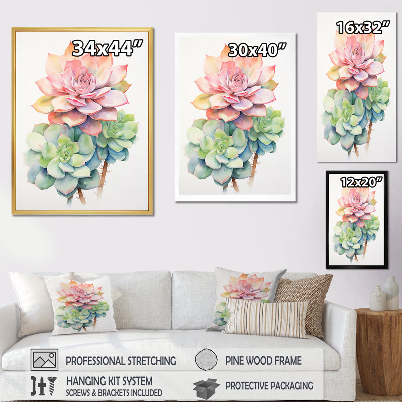 «Blossoming Succulent In Tender Retro Pink I», reproduction sur toile, H 44 po x l 34 po, Cadre naturel flottant