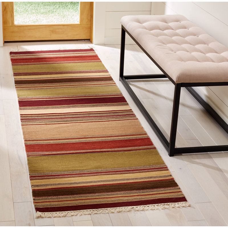 Basler Kilim Hand Woven Wool/Cotton Striped Rug in Brown/Green/Beige, Runner 2'3" x 10'