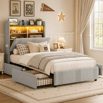 Twin XL Bed Frames with Storage Headboard & 4 Drawers, 49.2" Tall Wingback Headboard with LED Lights & Charging Station, No Box Spring Needed, Solid Wood Slats, Noise Free, Gray