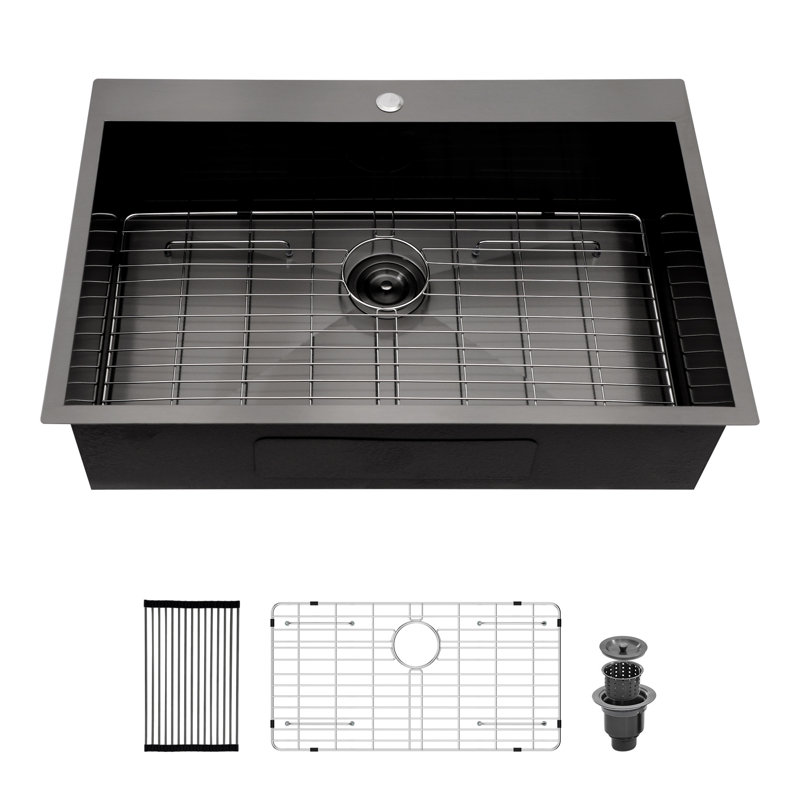 Évier de cuisine encastré 30 po x 22 po x 9 po à cuve simple en acier inoxydable noir calibre 16