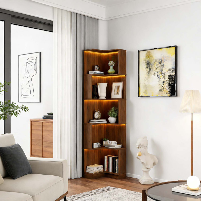 5 Tier L-Shaped Bookcase with Baffle and LED Lights,Space-Saving and Stylish for Home Office, Walnut