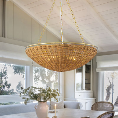 5-Light Bowl Rattan Chandelier with Brass Chain, Boho Coastal Basket Pendant Light