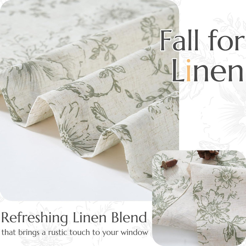 Floral Linen Tie Up Shade Valance, 42" W x 45" L, Green