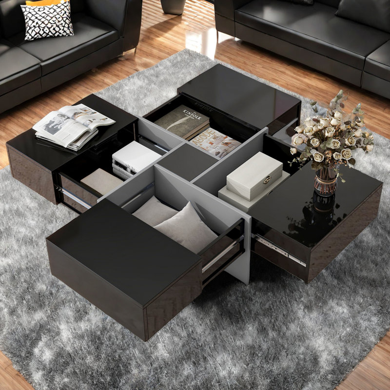 Coffee Table With 4 Hidden Storage Compartments, UV Gloss Square Centre Table With Sliding Top For Living Room, Black