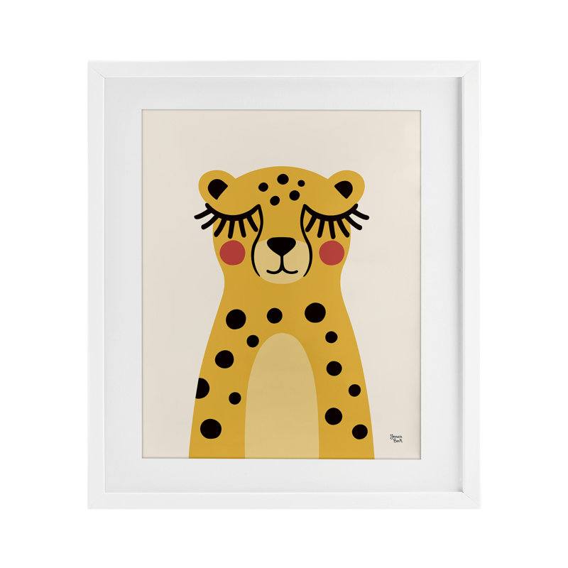 «Yellow Cheetah Smile», reproduction sous verre encadrée, design par Jessica Beck, H 16 po x l 13 po, Cadre blanc côtier