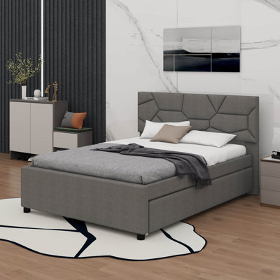 Linen Upholstered Platform Bed With Brick Pattern Headboard, Trundle