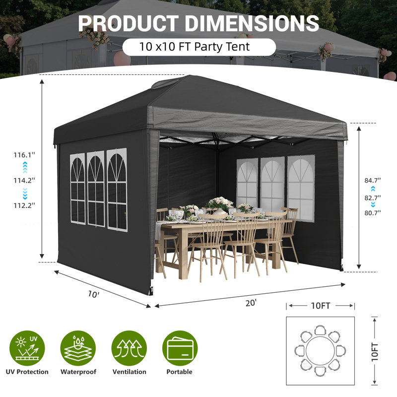 10' x 10' Heavy Duty Pop Up Canopy Tent, Waterproof Folding Party Tent with 4 Removable Sidewalls, Instant Outdoor Event Shelter for Backyard, Wedding, Market & Commercial Use, Black