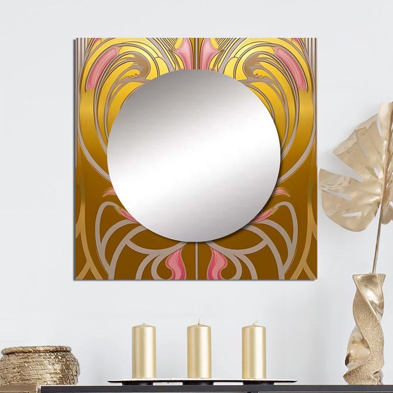 Décoration murale géométrique Art Nouveau en or et rose - Grand miroir carré géométrique moderne pour chambre à coucher