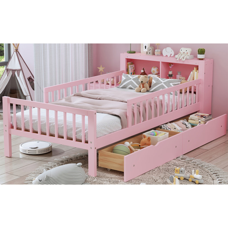 Lit simple avec support de tête de lit, deux tiroirs sous le lit, garde-corps à trois côtés pour la sûreté et la sécurité, rose