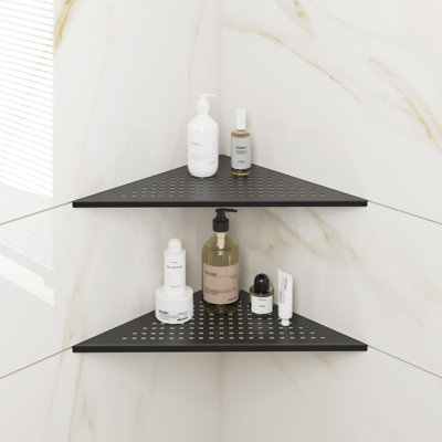  Ensemble de 2 tablettes de douche encastrées noires mates de 10 po, tablette flottante en acier inoxydable 304, tablettes de rangement pour panier de douche, pour murs de salle de bain carrelés, sans perçage, triangle