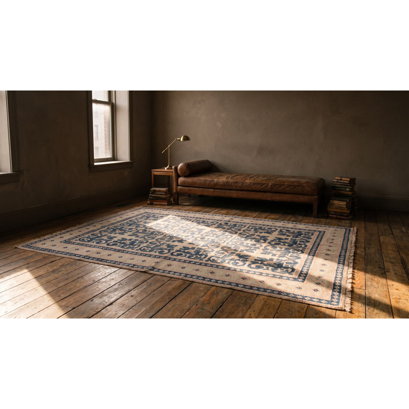 Antique Indian White and Blue Color Geometric Design Cotton Agra Area Rug