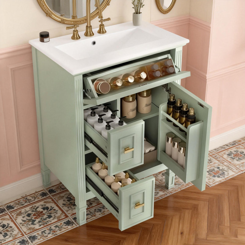 Meuble-lavabo autoportant de 24 pouces avec lavabo, armoire en bois massif et panneau de fibres à densité moyenne, un tiroir rabattable, deux tiroirs standard et une tablette réglable, finition verte